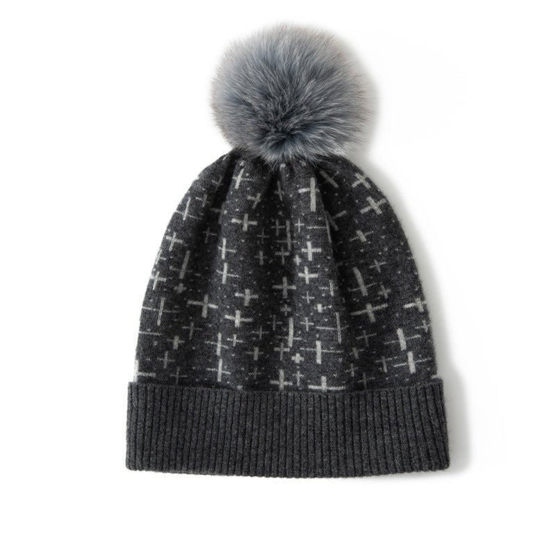 Womens Cashmere Beanie with Fur Pom Patterned Cashmere Hat Ribbed Hem