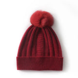 Womens Cashmere Beanie with Real Fur Pom Cashmere Hat Removable Pom
