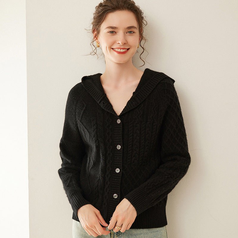 Womens Cashmere Cardigan Button Front Cashmere Sweater Cable Knit Cashmere Hooded Black XS