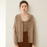 Womens Cashmere Cardigan Button Front Cashmere Sweater Cable Knit Cashmere Hooded Taupe XS