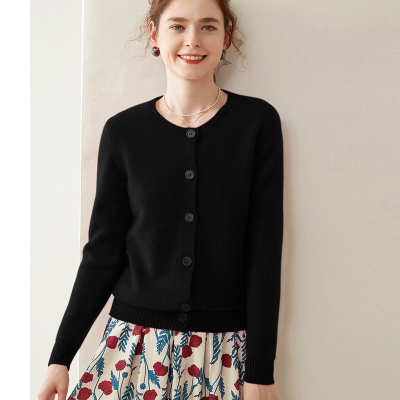 Womens Cashmere Cardigan Crew Neck Ribbed Neckline Cashmere Knit Sweater Black XS