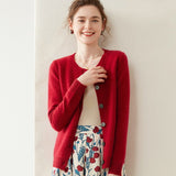 Womens Cashmere Cardigan Crew Neck Ribbed Neckline Cashmere Knit Sweater Red XS