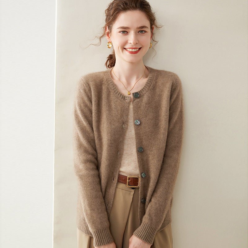 Womens Cashmere Cardigan Crew Neck Ribbed Neckline Cashmere Knit Sweater Taupe XS