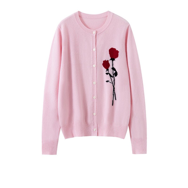 Womens Cashmere Cardigan Rose Embroidered Button Front Cashmere Knit Sweater Pink XS