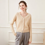 Womens Cashmere Cardigan V Neck Cashmere Sweater Button Front Knit Jacket Beige XS
