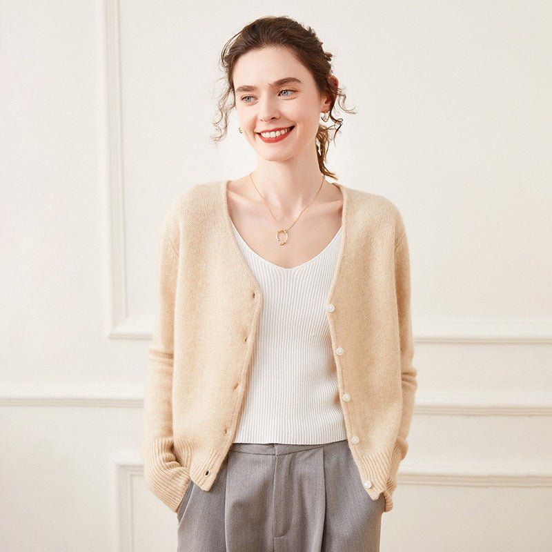 Womens Cashmere Cardigan V Neck Cashmere Sweater Button Front Knit Jacket Beige XS