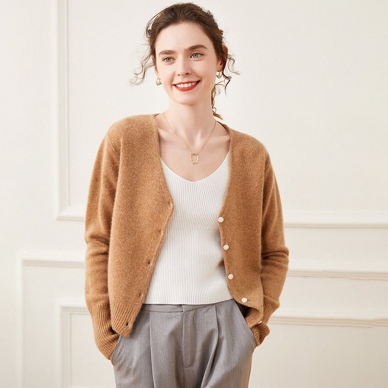 Womens Cashmere Cardigan V Neck Cashmere Sweater Button Front Knit Jacket Camel XS