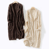 Womens Long Cable Knit Belted Pure Cashmere Cardigan Open - front Coat