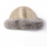 Womens Cashmere Knit Hat with Real Fur Trim Cashmere Bucket Hat