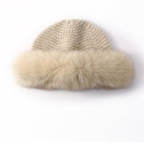 Womens Cashmere Knit Hat with Real Fur Trim Cashmere Bucket Hat