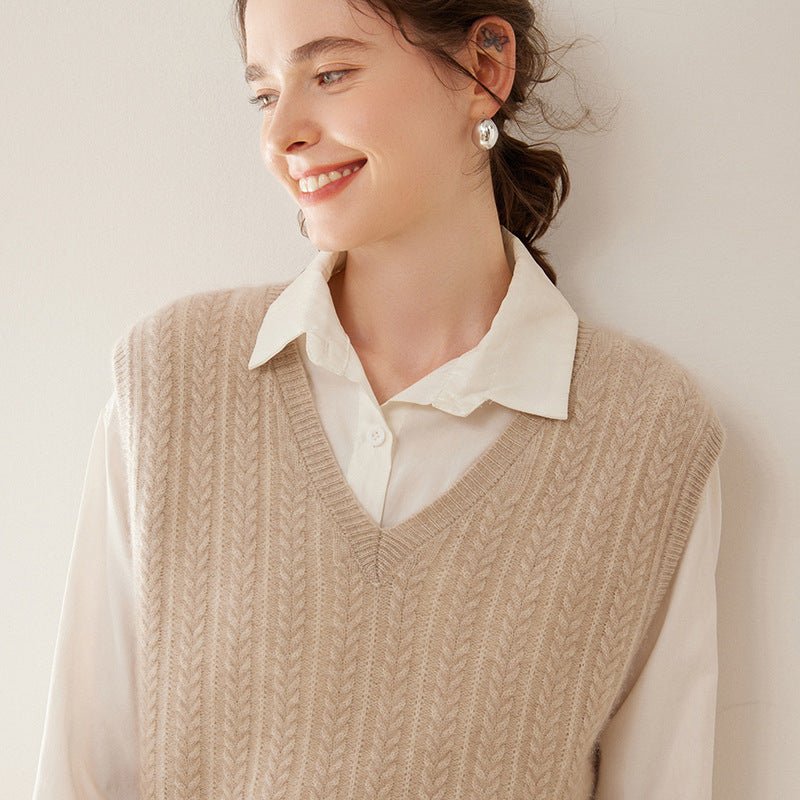 Womens Cashmere Sweater Cashmere Vest V Neck Cable Knit Sleeveless Pullover Taupe XS