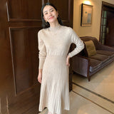 Womens Cashmere Sweater Dress Long Sleeve Ribbed Waist Cashmere Midi Dress Oatmeal XS
