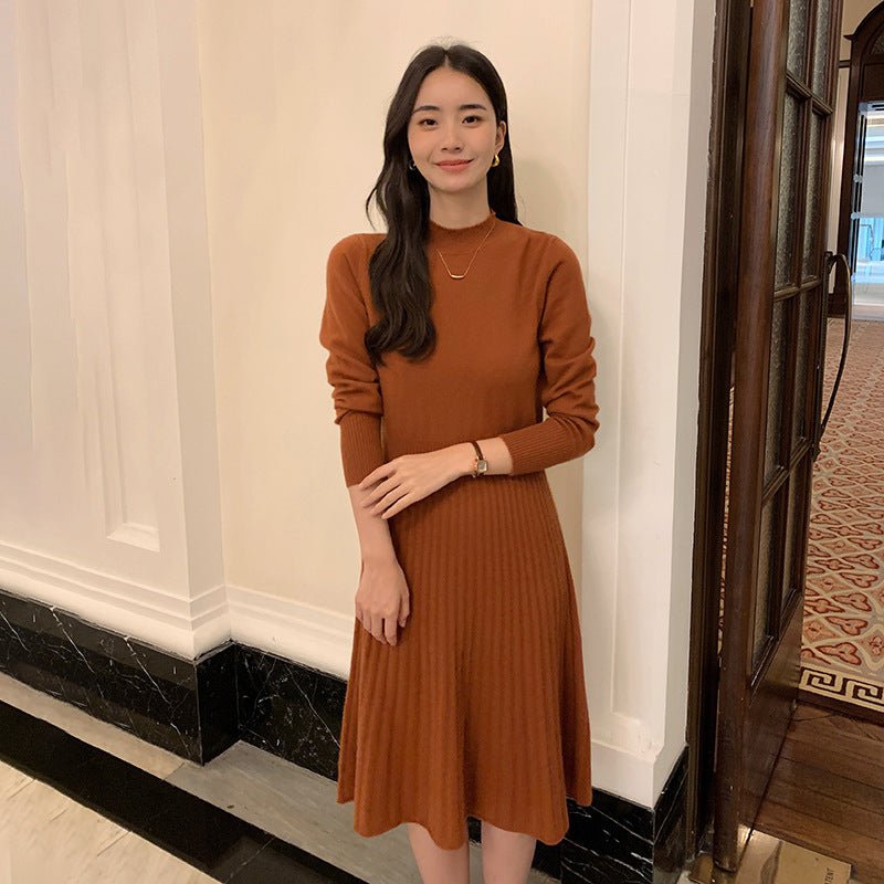 Womens Cashmere Sweater Dress Long Sleeve Ribbed Waist Cashmere Midi Dress Caramel XS