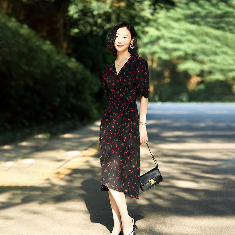Womens Cherry Print Silk Dress One Piece Silk Wrap Dress Silk Midi Dress