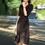 Womens Cherry Print Silk Dress One Piece Silk Wrap Dress Silk Midi Dress