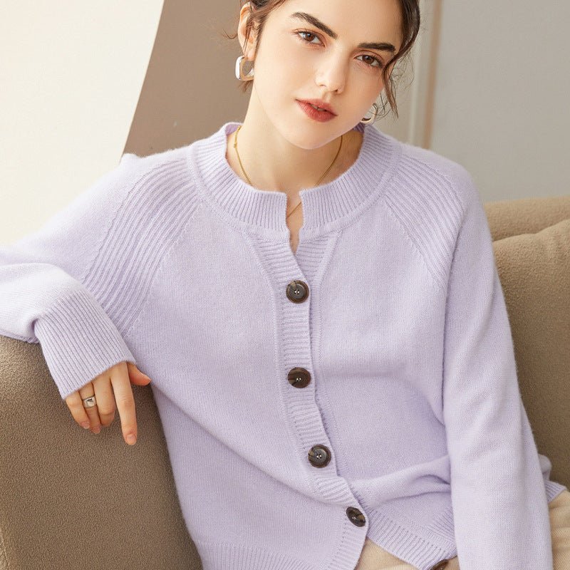 Womens Crew Neck Button - Up Cashmere Cardigan With Ribbed Trim