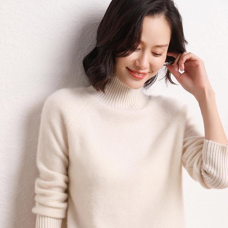 Womens Long Sleeves Cashmere Turtleneck Sweater Ribbed Cuffs Ivory XS