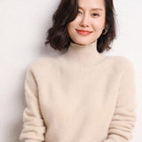 Womens Long Sleeves Cashmere Turtleneck Sweater Ribbed Cuffs Beige XS