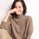 Womens Long Sleeves Cashmere Turtleneck Sweater Ribbed Cuffs Taupe XS