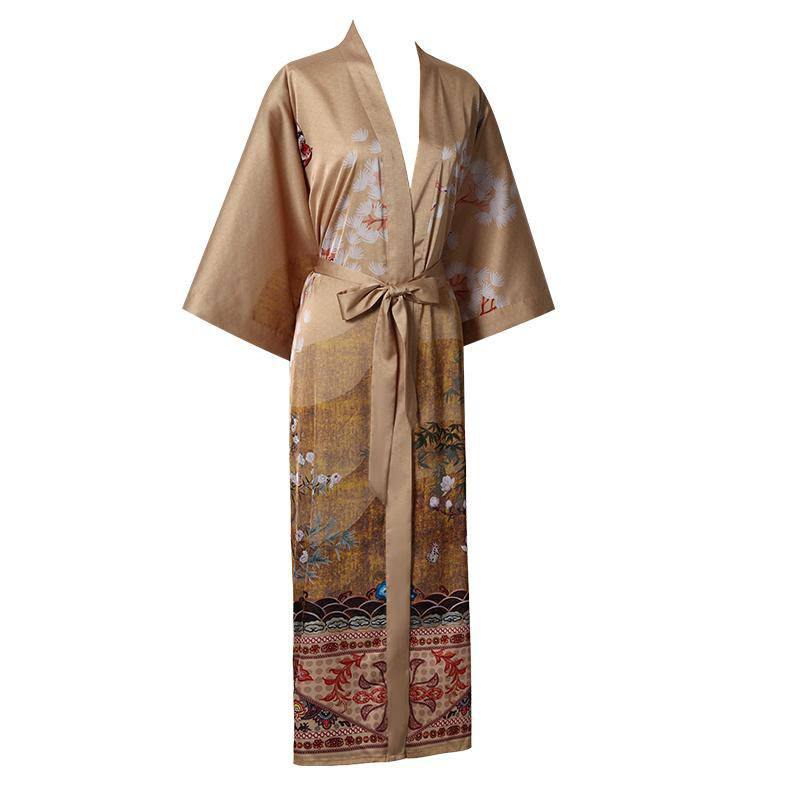 Women's Cranes Print Silk Kimono Robe Blossoms Silk Robe