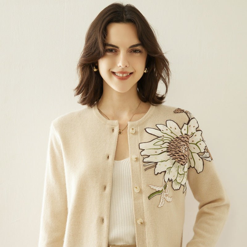 Womens Floral Embroidered Cashmere Cardigan Crew Neck Sunflower Coat