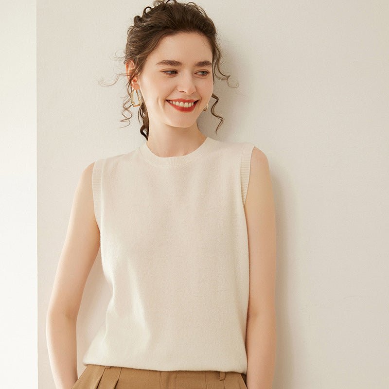 Womens Crew Neck Cashmere Sweater Cashmere Vest Sleeveless Knit Top Ivory XS