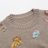 Womens Crew Neck Cashmere Sweater Playful Animal Embroidery Pullover