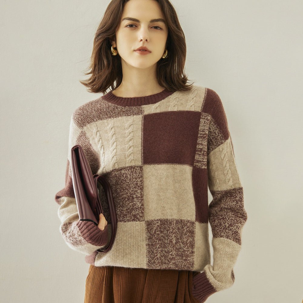 Womens Crew Neck Cashmere Sweater Warm Plaid Cashmere Knit Pullover
