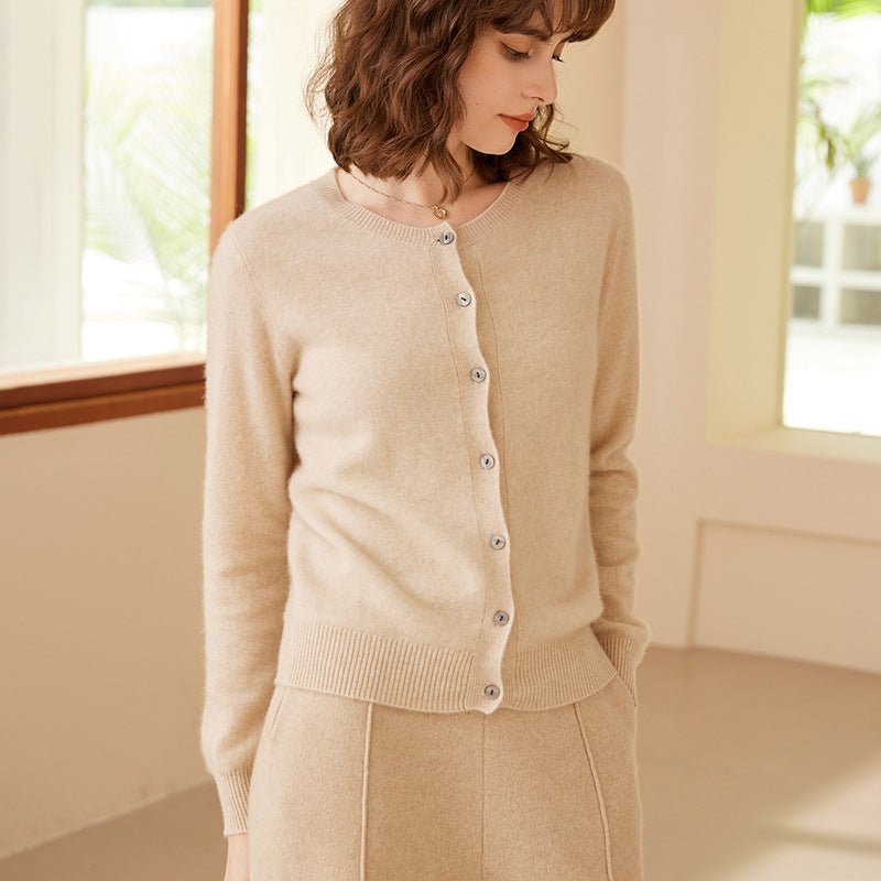 Womens Crew Neck Cashmere Cardigan Button Closure Cashmere Coat