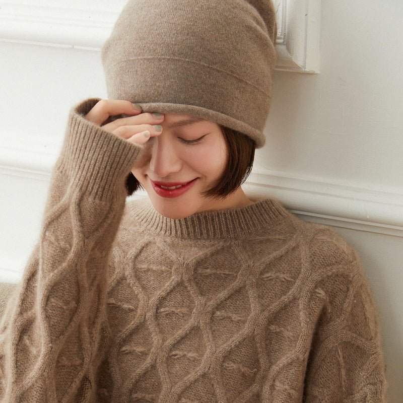 Women's Curled - Up Edge Cashmere Hats Solid Beanie Hat