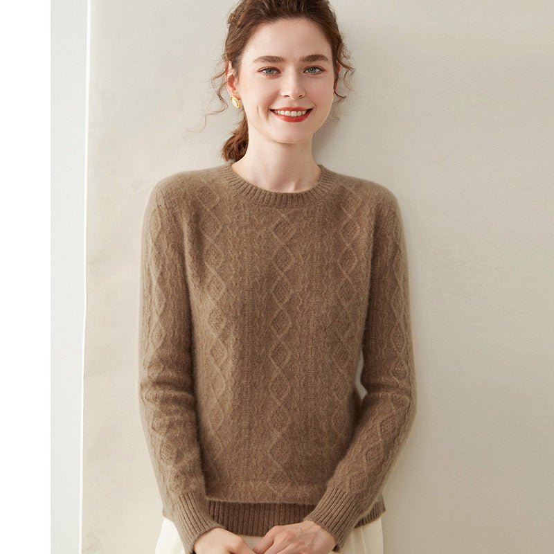 Womens Diamond Knit Cashmere Sweater Long Sleeve Crew Neck Cashmere Pullover Taupe XS