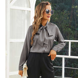Womens Silk Blouse Long Sleeve Bow - tie Neck Silk Shirts