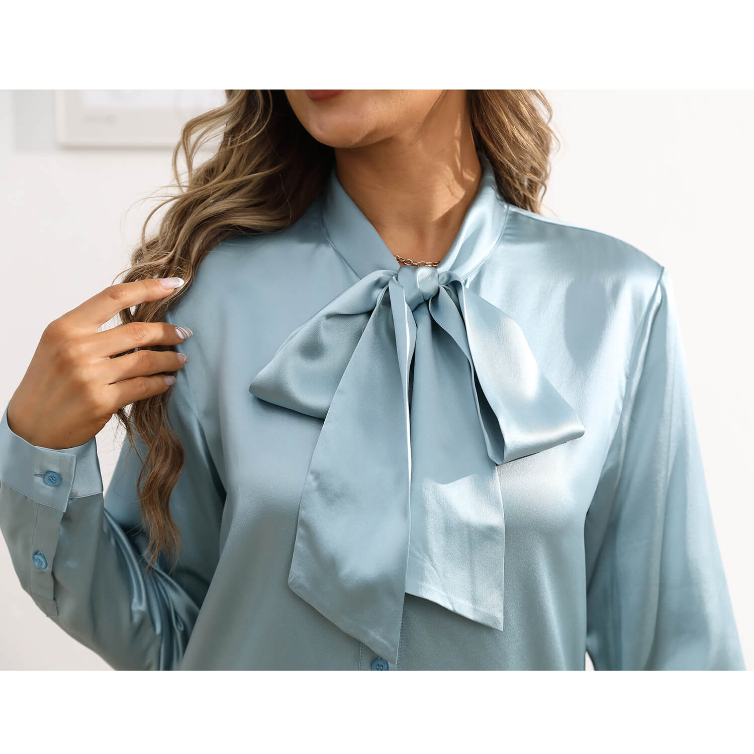 Womens Silk Blouse Long Sleeve Bow - tie Neck Silk Shirts