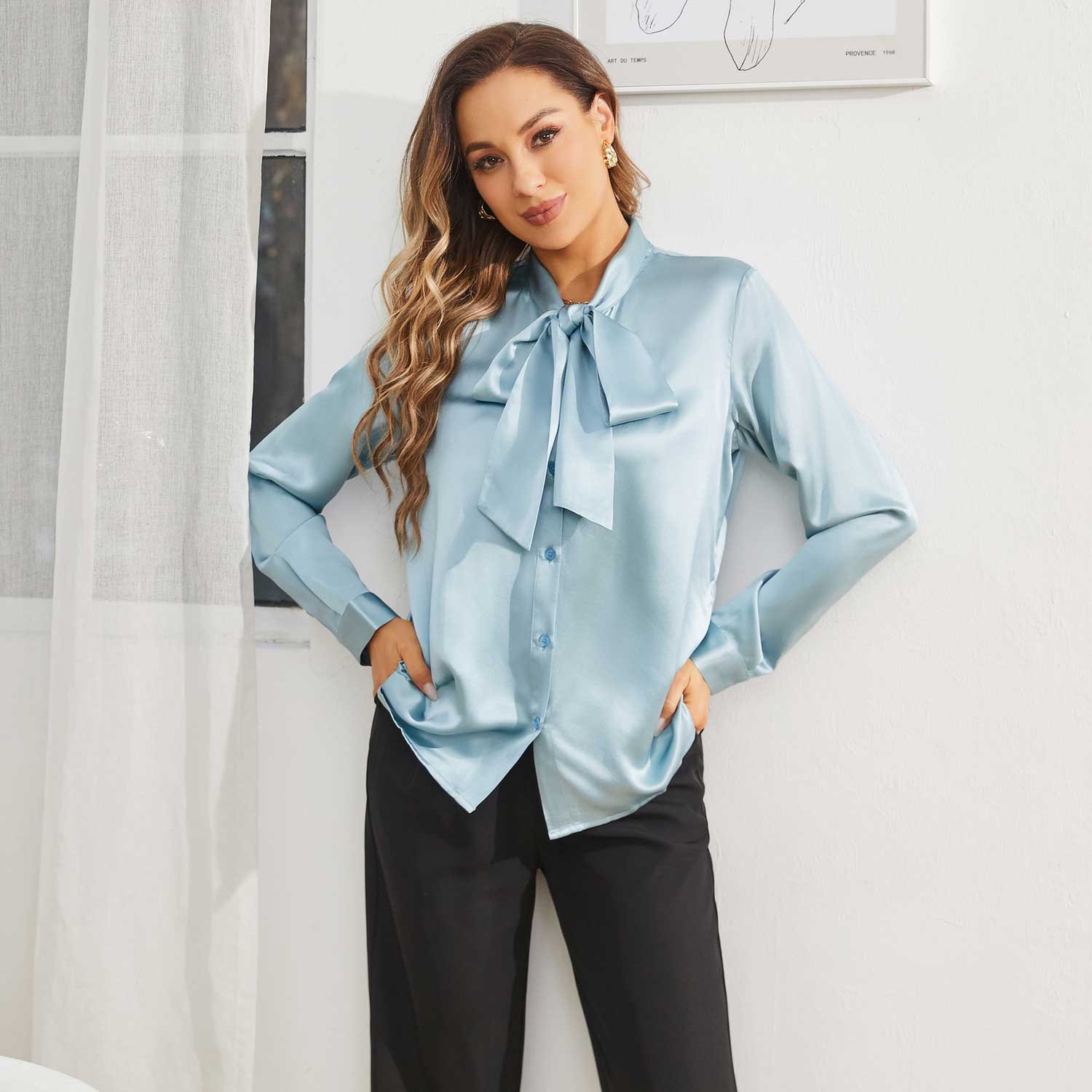 Womens Silk Blouse Long Sleeve Bow - tie Neck Silk Shirts