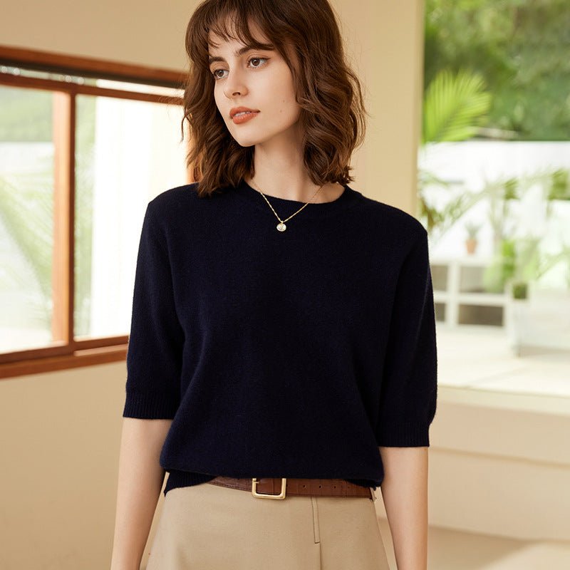 Womens Elbow Sleeve Cashmere Sweater Crew Neck Cashmere Pullover