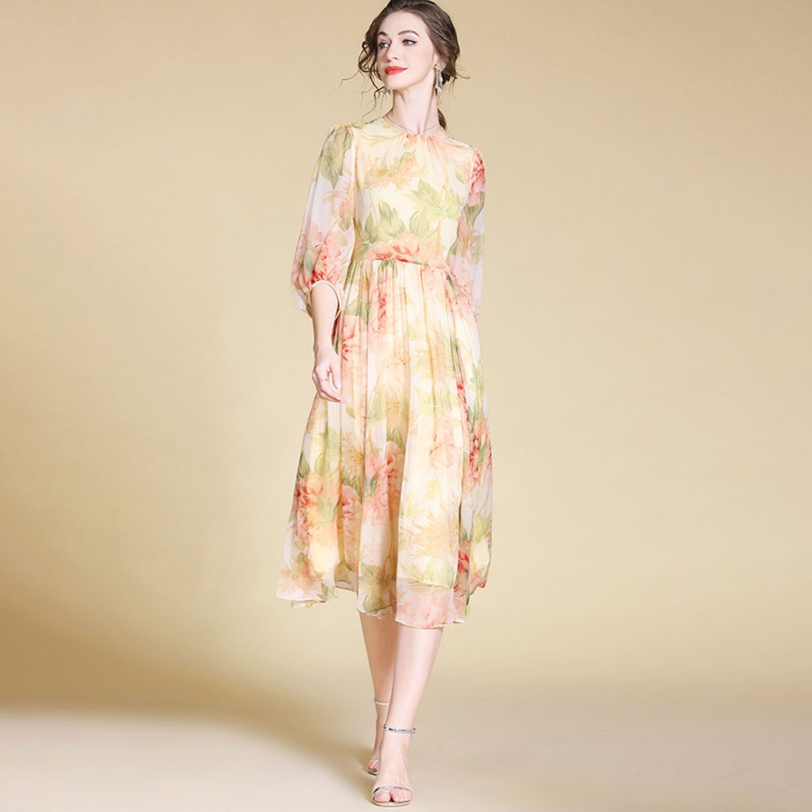 Womens Elegant Floral Silk Midi Dress with Sheer Sleeves Long Silk Dresses Gold XS