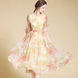 Womens Elegant Floral Silk Midi Dress with Sheer Sleeves Long Silk Dresses
