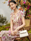 Womens Floral Print Silk Dress V Neck Short Sleeve Belted Silk Midi Dress Purple XS