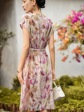 Womens Floral Print Silk Dress V Neck Short Sleeve Belted Silk Midi Dress Purple XS