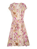 Womens Floral Print Silk Dress V Neck Short Sleeve Belted Silk Midi Dress Purple XS