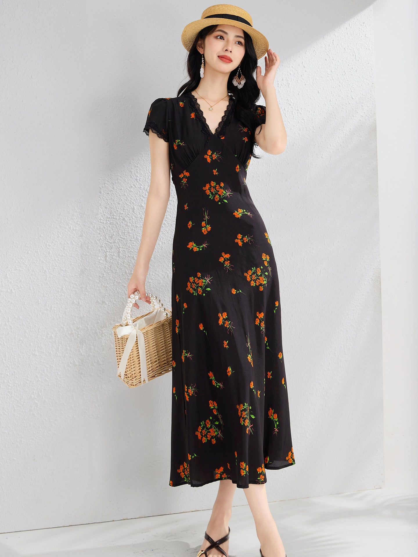 Womens Floral Print Silk Midi Dress V Neck Lace Trim A Line Silk Dress Black XS