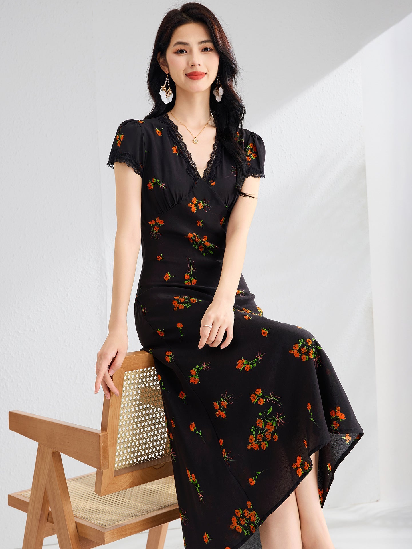 Womens Floral Print Silk Midi Dress V Neck Lace Trim A Line Silk Dress Black XS