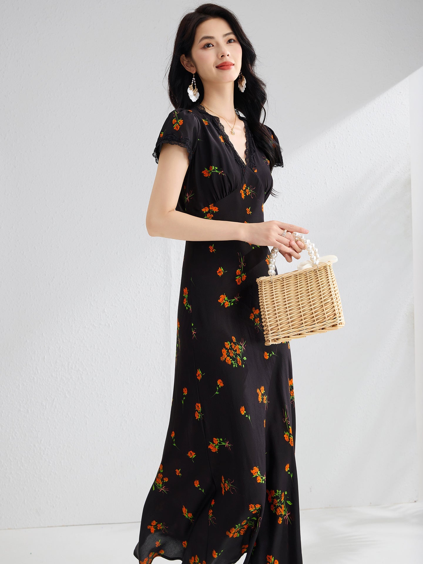 Womens Floral Print Silk Midi Dress V Neck Lace Trim A Line Silk Dress Black XS