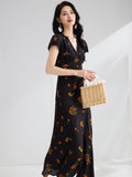Womens Floral Print Silk Midi Dress V Neck Lace Trim A Line Silk Dress Black XS