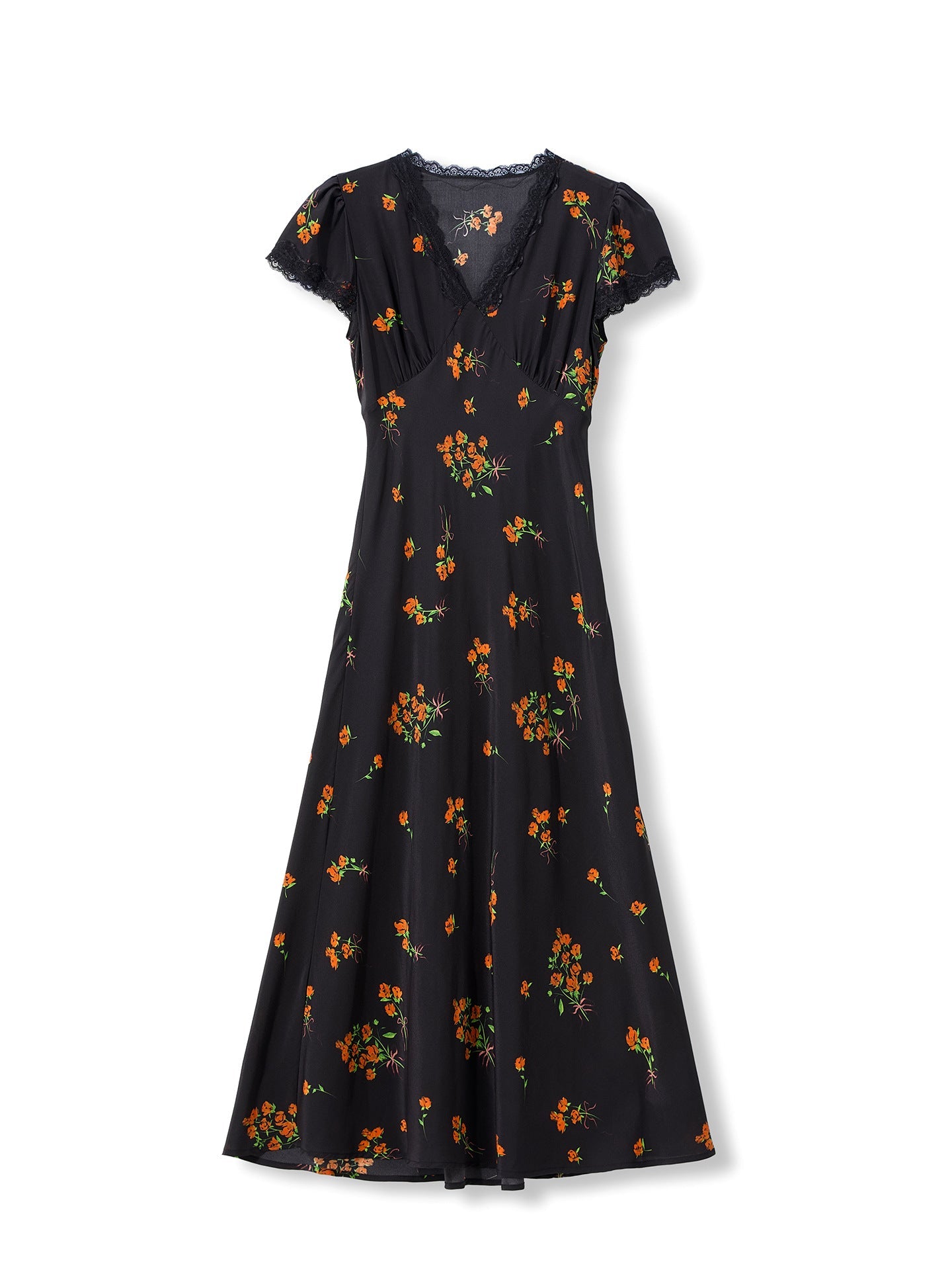 Womens Floral Print Silk Midi Dress V Neck Lace Trim A Line Silk Dress Black XS