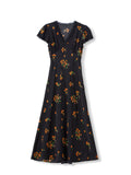 Womens Floral Print Silk Midi Dress V Neck Lace Trim A Line Silk Dress Black XS