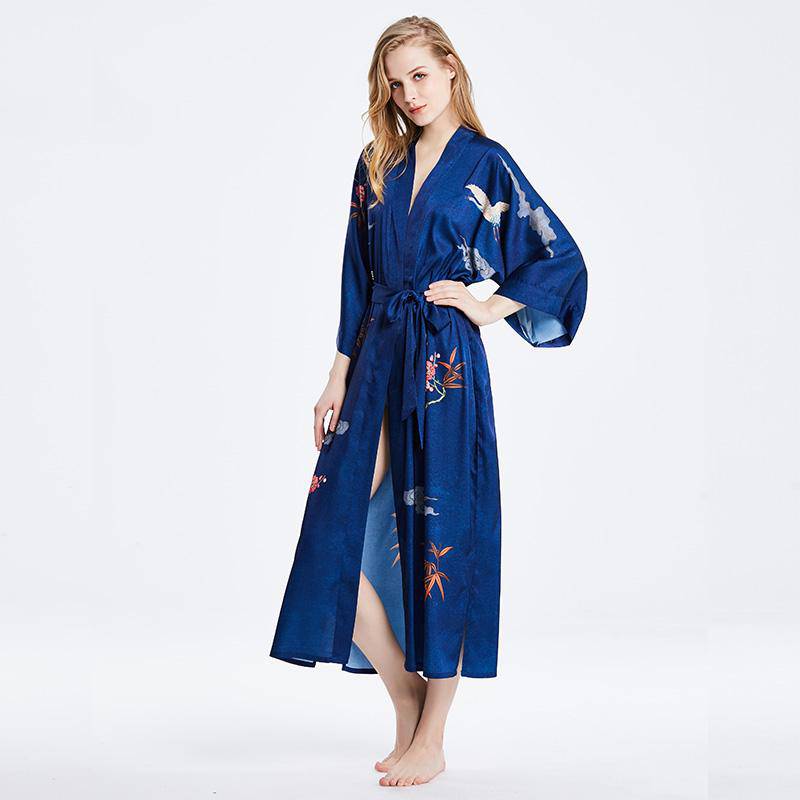 womens floral pure Silk Kimono Robes 100% Mulberry Silk Bathrobe Navy Blue One size fits most