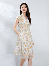 Womens Floral Silk Dress with Drawstring Waist Cap Sleeve Silk Midi Dress Ivory XS