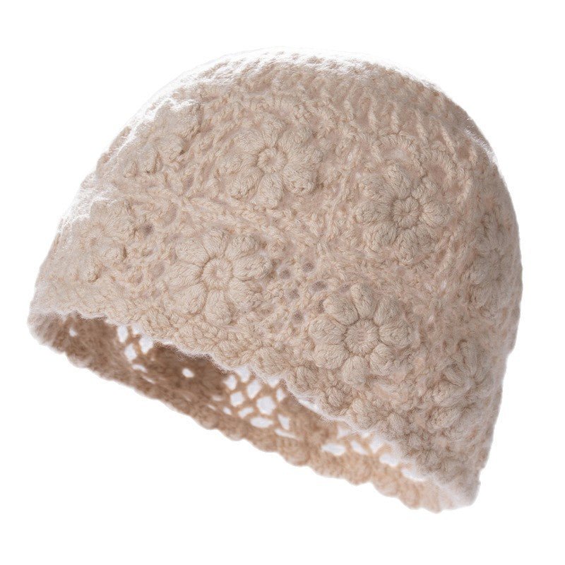 Womens Flower Knit Cashmere Beanie Hat Textured Floral Cashmere Hat Beige M