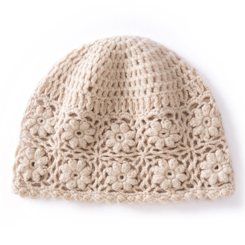 Womens Flower Knit Cashmere Beanie Hat Textured Floral Cashmere Hat Beige M